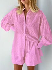 Women's Sets Jacquard Long Sleeve Shirt & Shorts Two Piece Set