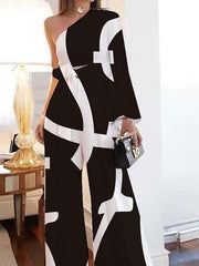 Women's Sets One-Shoulder Sleeve Lace Up Top & Wide-Leg Pants Two-Piece Suit