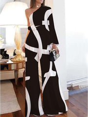 Women's Sets One-Shoulder Sleeve Lace Up Top & Wide-Leg Pants Two-Piece Suit