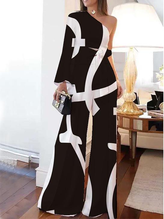 Women's Sets One-Shoulder Sleeve Lace Up Top & Wide-Leg Pants Two-Piece Suit