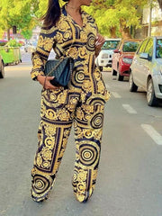Women's Sets Printed Long Sleeve Shirt & Wide Leg Pants Two Piece Set