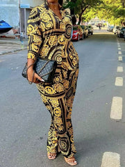 Women's Sets Printed Long Sleeve Shirt & Wide Leg Pants Two Piece Set
