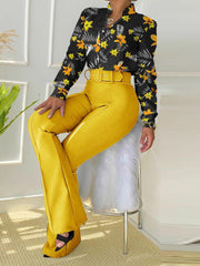 Women's Sets Printed Long Sleeve Shirt & Wide-Leg Pants Two-Piece Suit