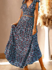 Women's Sets Printed V-Neck Crop Top & Skirt Two-Piece Set