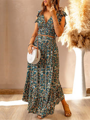 Women's Sets Printed V-Neck Crop Top & Skirt Two-Piece Set