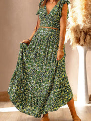Women's Sets Printed V-Neck Crop Top & Skirt Two-Piece Set