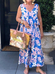 Women's Sets Printed V-Neck Top & Wide Leg Pants Two-Piece Set