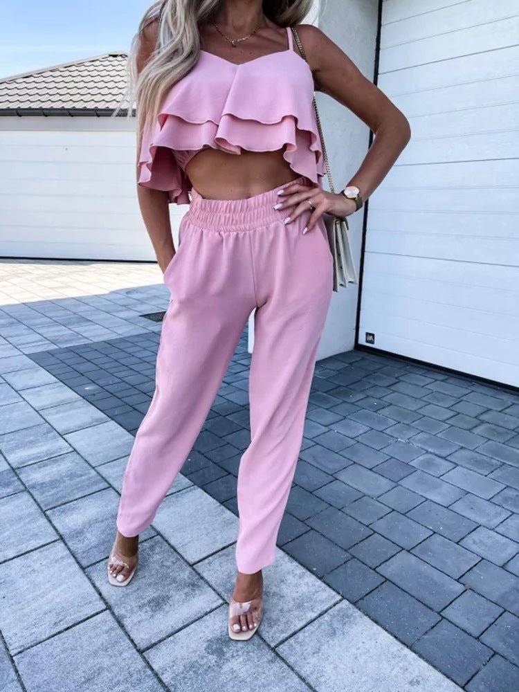 Women's Sets Sling Ruffle Crop Top & Harem Pants Two-Piece Set