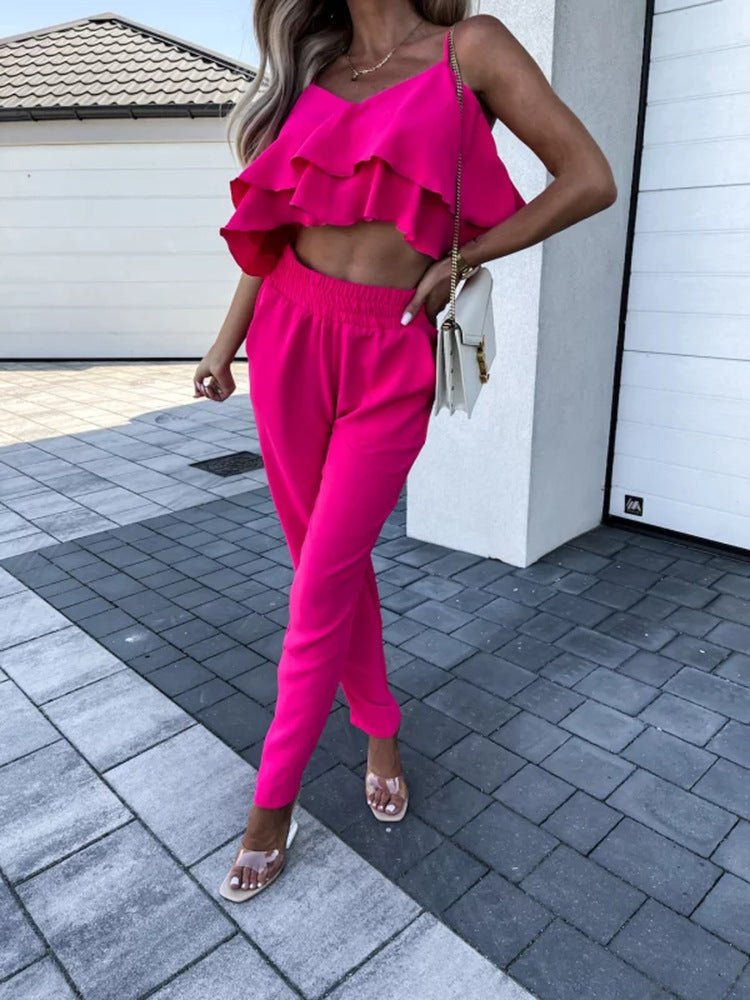 Women's Sets Sling Ruffle Crop Top & Harem Pants Two-Piece Set