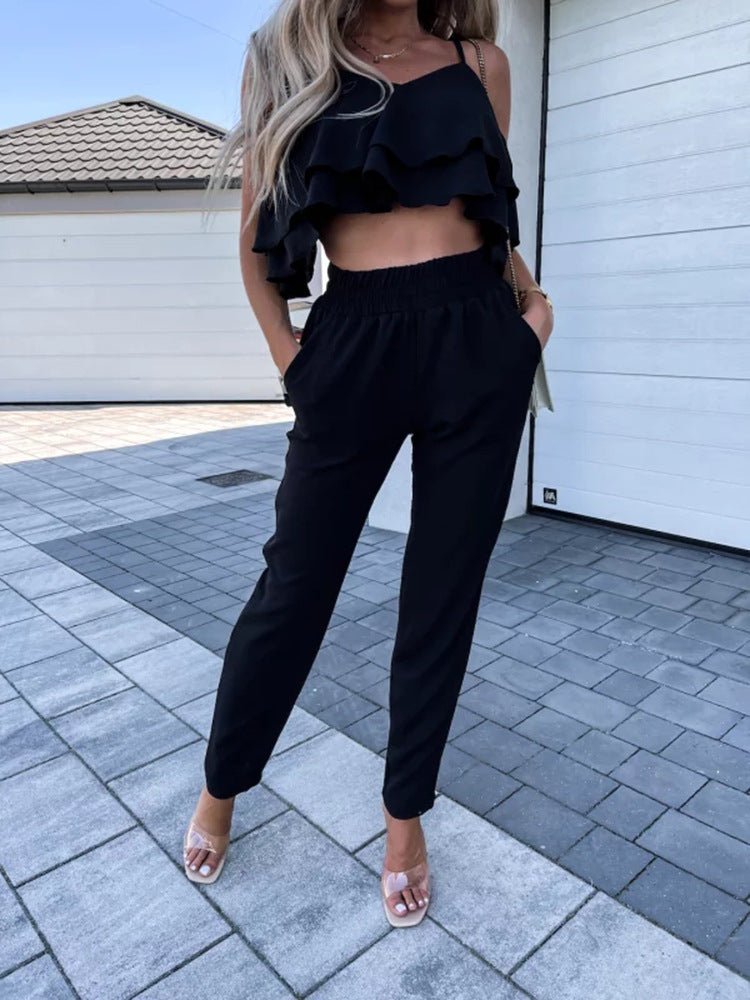 Women's Sets Sling Ruffle Crop Top & Harem Pants Two-Piece Set