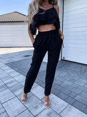 Women's Sets Sling Ruffle Crop Top & Harem Pants Two-Piece Set