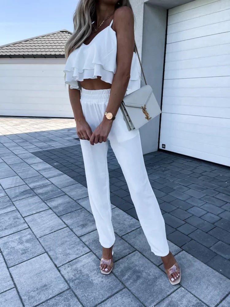 Women's Sets Sling Ruffle Crop Top & Harem Pants Two-Piece Set