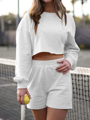 Women's Sets Solid Cropped Navel Long Sleeve Shorts Sports Two-Piece Set