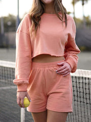 Women's Sets Solid Cropped Navel Long Sleeve Shorts Sports Two-Piece Set