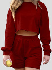 Women's Sets Solid Cropped Navel Long Sleeve Shorts Sports Two-Piece Set