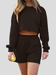 Women's Sets Solid Cropped Navel Long Sleeve Shorts Sports Two-Piece Set