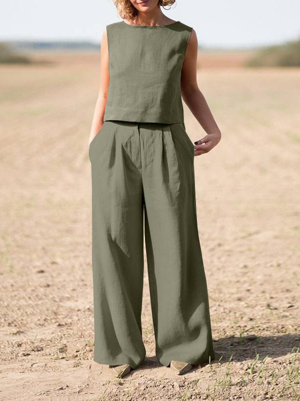 Women's Sets Solid Vintage Vest & Pants Casual Two-Piece Set