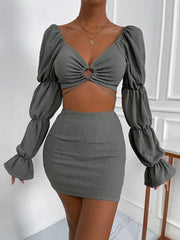 Women's Sets V-Neck Cutout Crop Top & Skirt Two-Piece Set