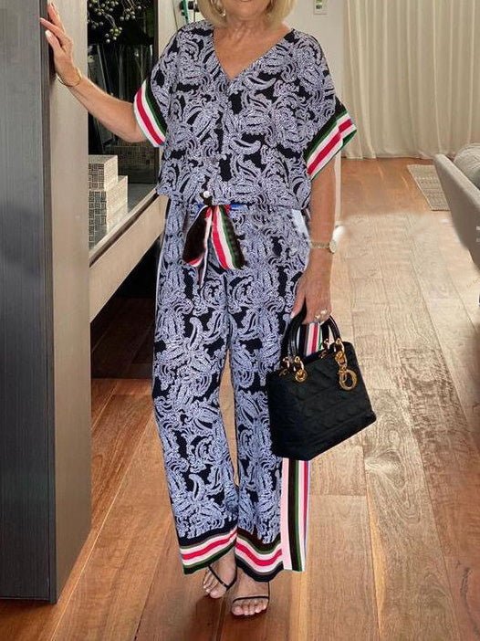 Women's Sets Vintage Stripe Print Top & Lace-Up Trousers Two-Piece Set