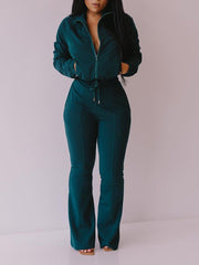 Women's Sets Zipped Pocket Jacket & Flared Pants Two-Piece Set