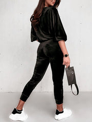 Women's Sets Zipper Solid Color Casual Gold Velvet Long Sleeve Set