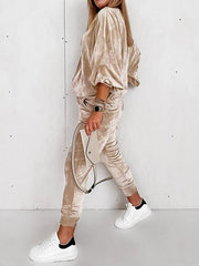 Women's Sets Zipper Solid Color Casual Gold Velvet Long Sleeve Set