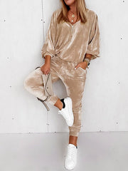 Women's Sets Zipper Solid Color Casual Gold Velvet Long Sleeve Set