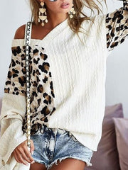 Women's Sweaters Casual Leopard Panel V-Neck Long Sleeve Sweater