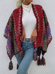 Women's Sweaters Contrast Fringe Shawl Sweater Cape