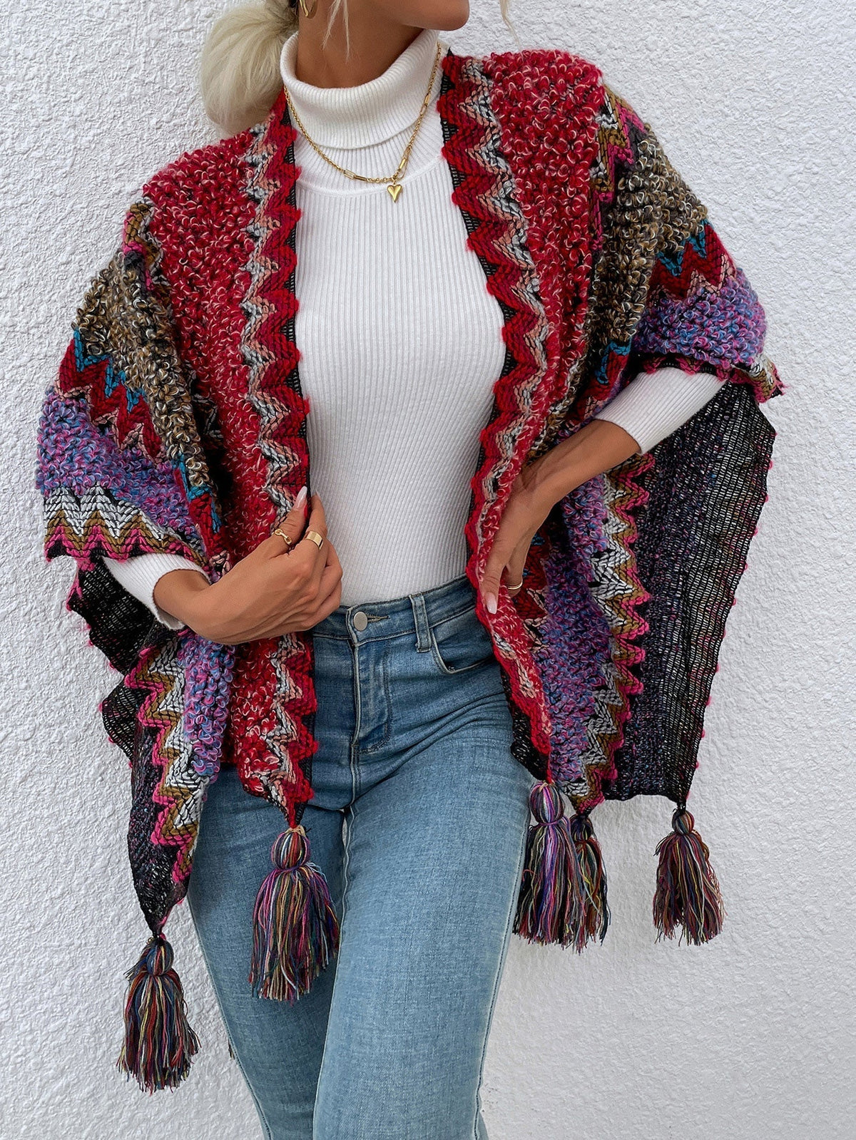 Women's Sweaters Contrast Fringe Shawl Sweater Cape