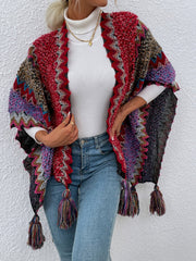Women's Sweaters Contrast Fringe Shawl Sweater Cape