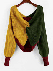 Women's Sweaters Contrast Twisted Long Sleeve Knitted Sweater