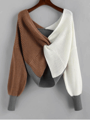 Women's Sweaters Contrast Twisted Long Sleeve Knitted Sweater