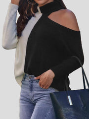 Women's Sweaters Contrasting Off-The-Shoulder High Collar Sweater