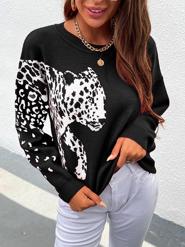 Women's Sweaters Leopard Print Pullover Long Sleeve Knitted Sweater