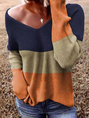 Women's Sweaters V-Neck Long Sleeve Striped Knitted Sweater
