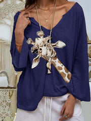 Women's T-Shirts Animal Print V-Neck Long Sleeve T-Shirt