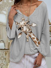 Women's T-Shirts Animal Print V-Neck Long Sleeve T-Shirt