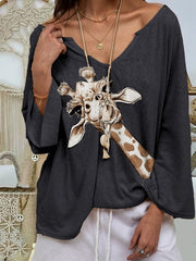 Women's T-Shirts Animal Print V-Neck Long Sleeve T-Shirt