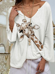 Women's T-Shirts Animal Print V-Neck Long Sleeve T-Shirt