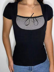 Women's T-Shirts Belted Square Neck Short Sleeve T-Shirt