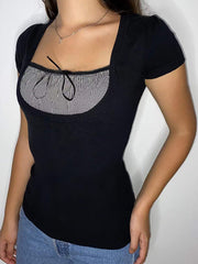Women's T-Shirts Belted Square Neck Short Sleeve T-Shirt