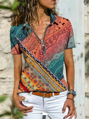 Women's T-Shirts Boho Print Zip Short Sleeve T-Shirt