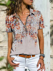 Women's T-Shirts Boho Print Zip Short Sleeve T-Shirt