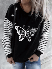 Women's T-Shirts Butterfly Striped Print Round Neck Long Sleeve T-Shirt