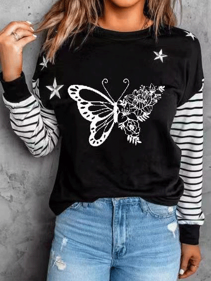 Women's T-Shirts Butterfly Striped Print Round Neck Long Sleeve T-Shirt