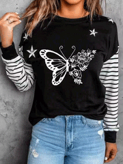 Women's T-Shirts Butterfly Striped Print Round Neck Long Sleeve T-Shirt