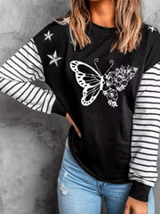 Women's T-Shirts Butterfly Striped Print Round Neck Long Sleeve T-Shirt