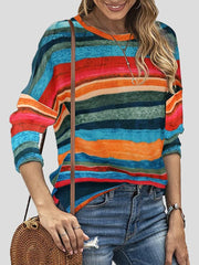 Women's T-Shirts Color Striped Round Neck Long Sleeve Split T-shirt
