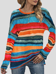 Women's T-Shirts Color Striped Round Neck Long Sleeve Split T-shirt